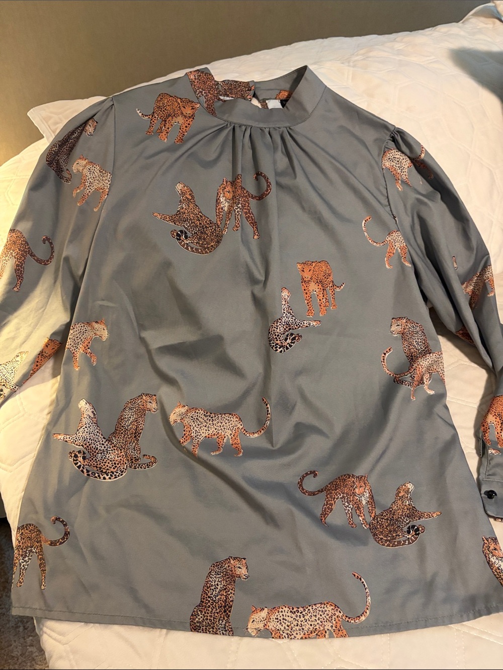 SHEIN Gray Blouse with Leopard Print Accents